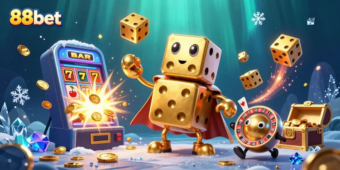 88bet features an exciting scene with golden dice and a jackpot explosion, perfect for gambling enthusiasts.