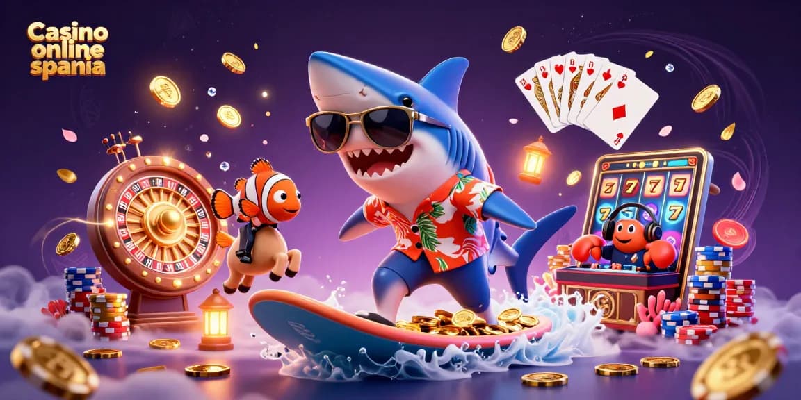 Casino online spania with a cartoon shark surfing gold coins surrounded by casino elements