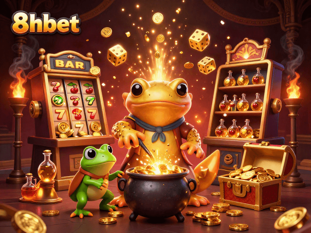 Engage with the 8xbet alchemist's world of treasure as coins and vibrant symbols explode in magic.