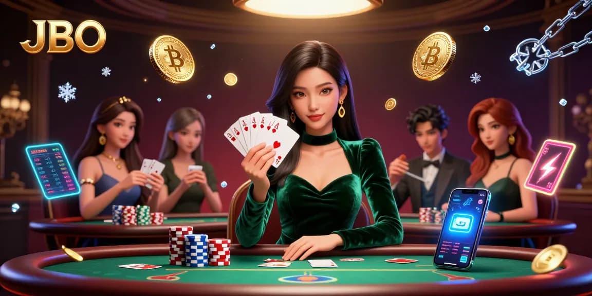 Engaging poker scene featuring JBO branding, vibrant 3D elements, and a confident player.