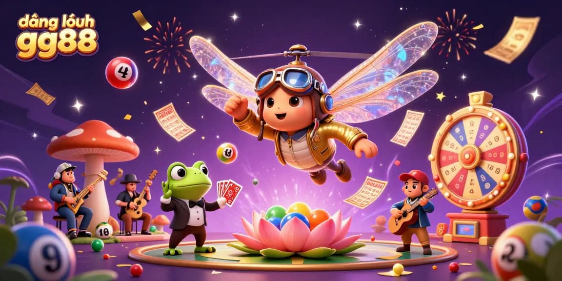Experience the thrill of đăng nhập gg88 with a lively scene of a dragonfly pilot, frog dealer, and vibrant casino elements.
