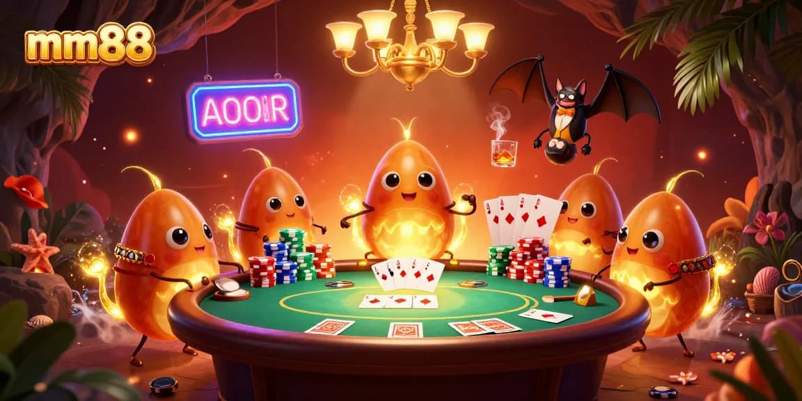 mm88 players enjoying high-stakes poker in a vibrant 3D casino illuminated by glowing glowworms.