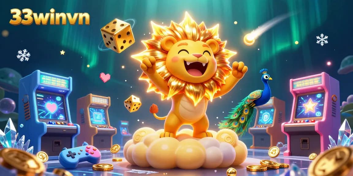 Experience thrilling gameplay with 33winvn as a roaring sun lion illuminates vibrant casino elements in 3D.