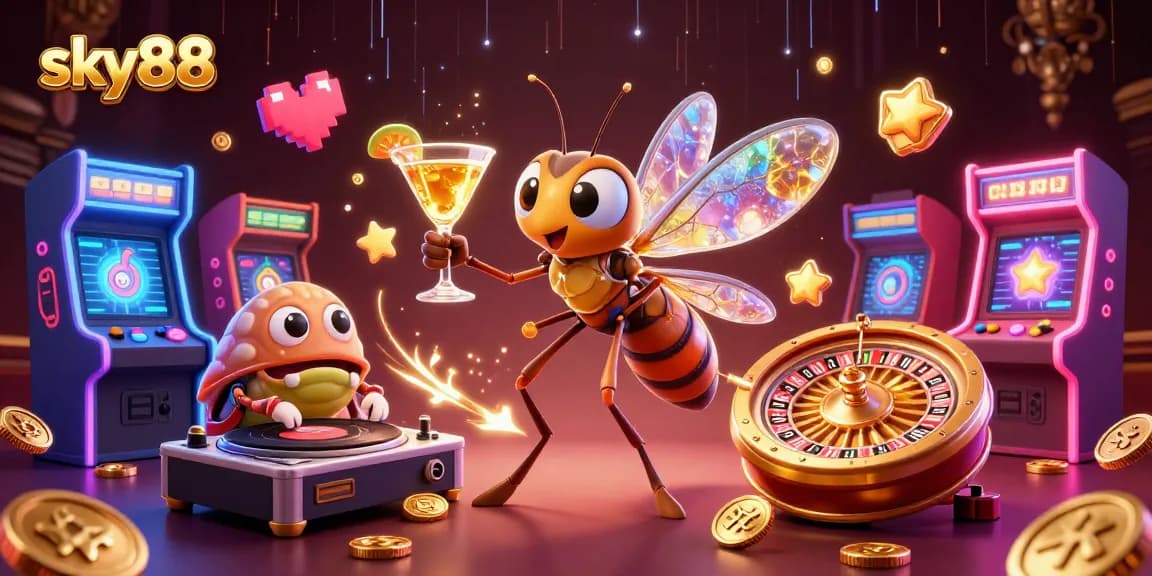 Engage with sky88's lively casino scene featuring a mosquito mascot, trilobite DJ, and golden roulette.