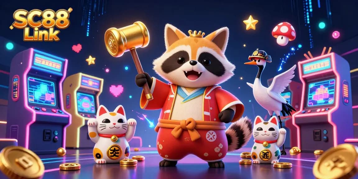 Engage with SC88 Link and spin the reels with cheerful tanuki and lucky symbols in this vibrant illustration.