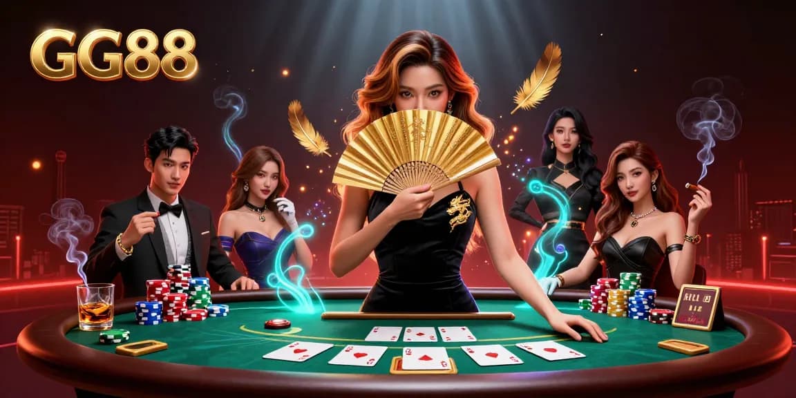 Experience GG88's vibrant poker action with a stunning illustration of a captivating dealer amidst iconic game elements.