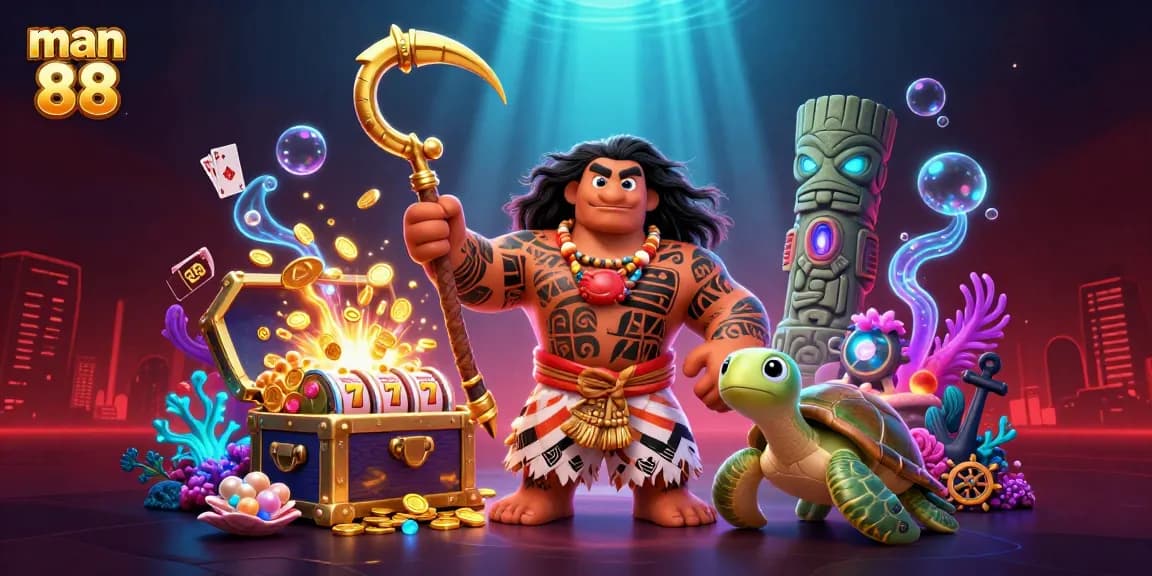Experience the thrill of man 88 with a vibrant casino-themed underwater scene featuring dynamic characters.