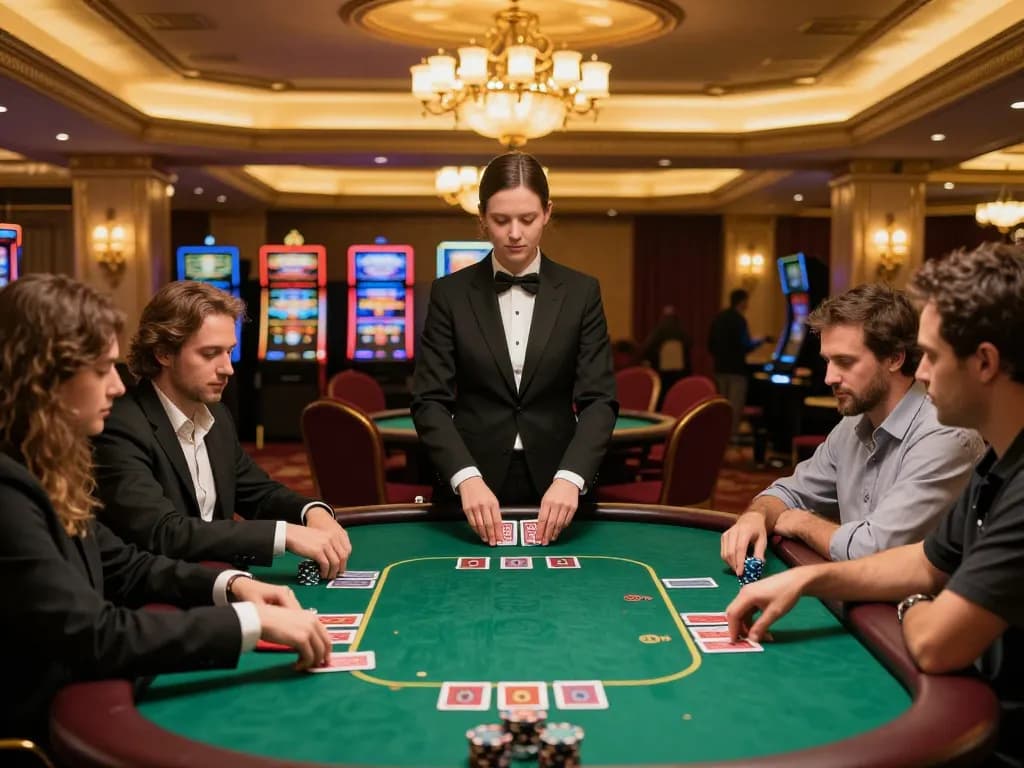 mm88 players strategizing in an upscale poker game, vibrant casino ambiance.