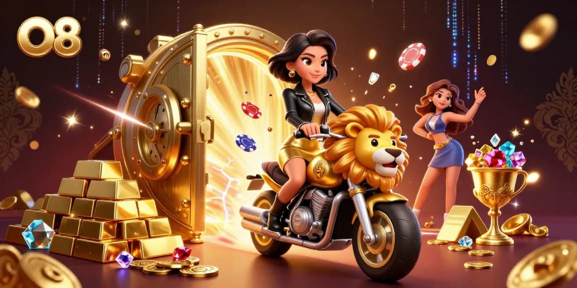 Experience top gaming thrills at O8 with a glamorous character on a golden lion in a vibrant 3D scene.