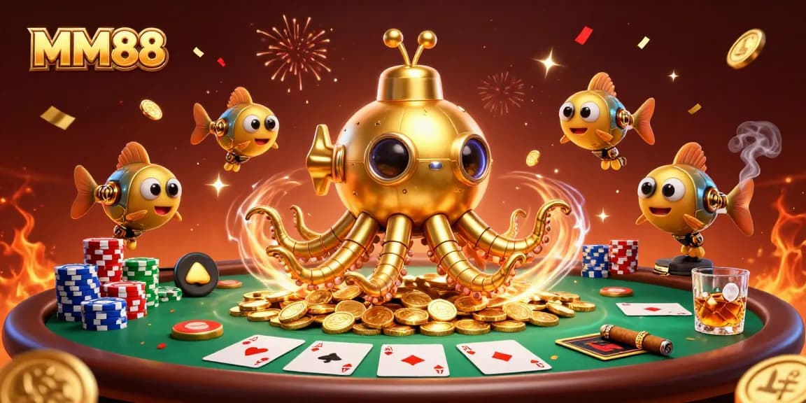 Experience the excitement of MM88 in this vibrant 3D casino scene featuring a golden kraken and poker games.