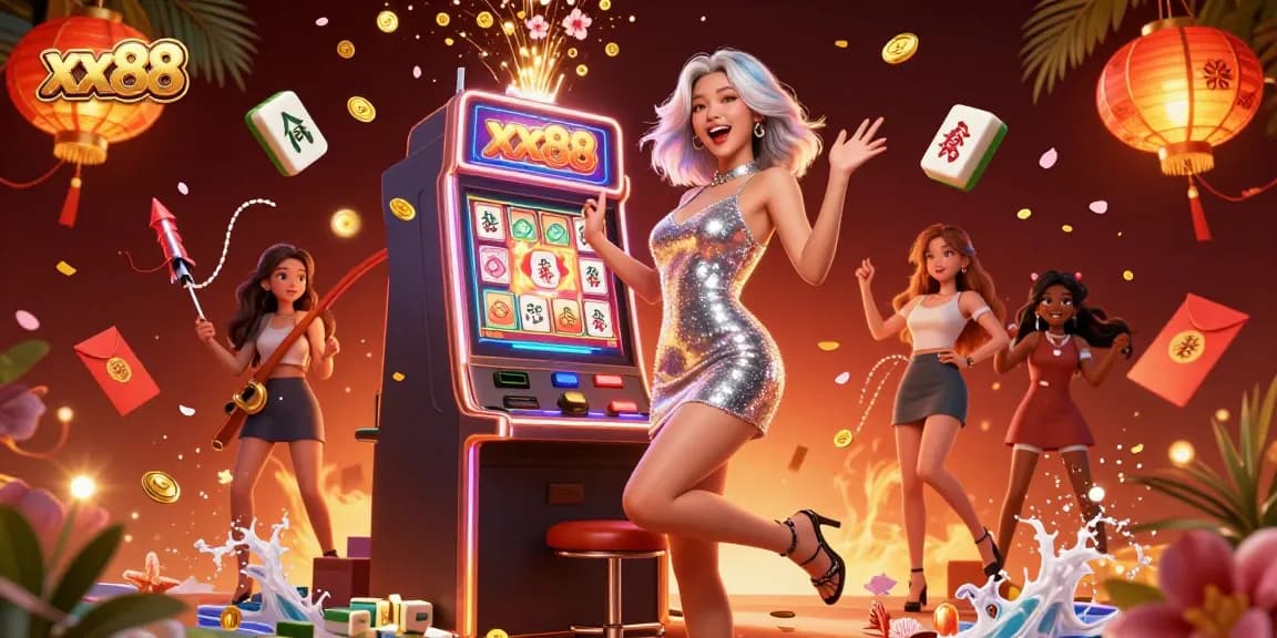Join the excitement at xx88's jackpot with stunning visuals of a lively Asian woman celebrating, unique casino elements!