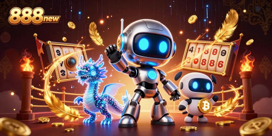 Experience thrilling gameplay at 888new with a dynamic 3D casino scene featuring a cyberpunk robot and elements of excitement.