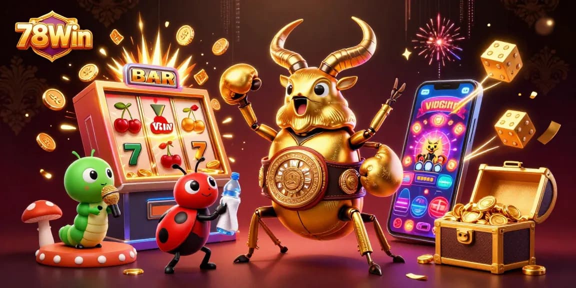 Engage in exciting gaming action with 78Win's vibrant casino scene featuring a golden stag beetle and jackpot elements.