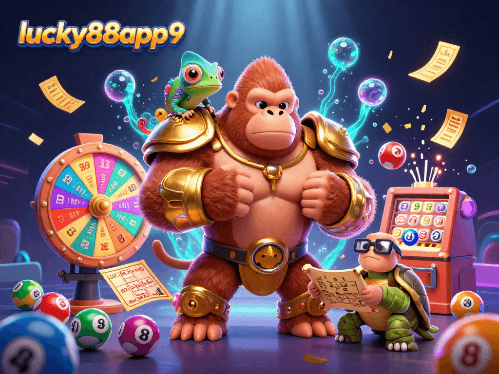 Engage with lucky88app9's lively gaming scene featuring colorful lottery elements and cartoon characters.