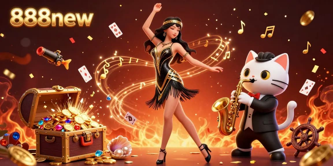 Experience thrilling fun at 888new with a dazzling 3D casino illustration filled with action and celebration.