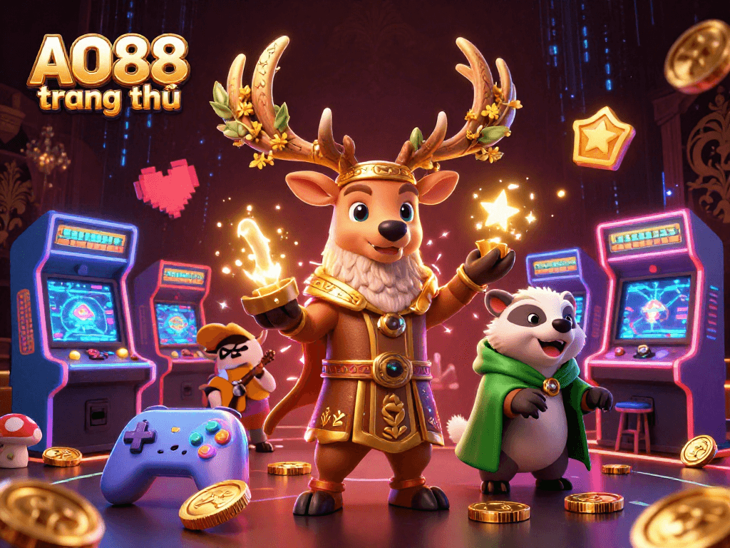 Engage with the colorful world of AO88 trang chủ as fascinating characters entertain players surrounded by vibrant gaming elements.