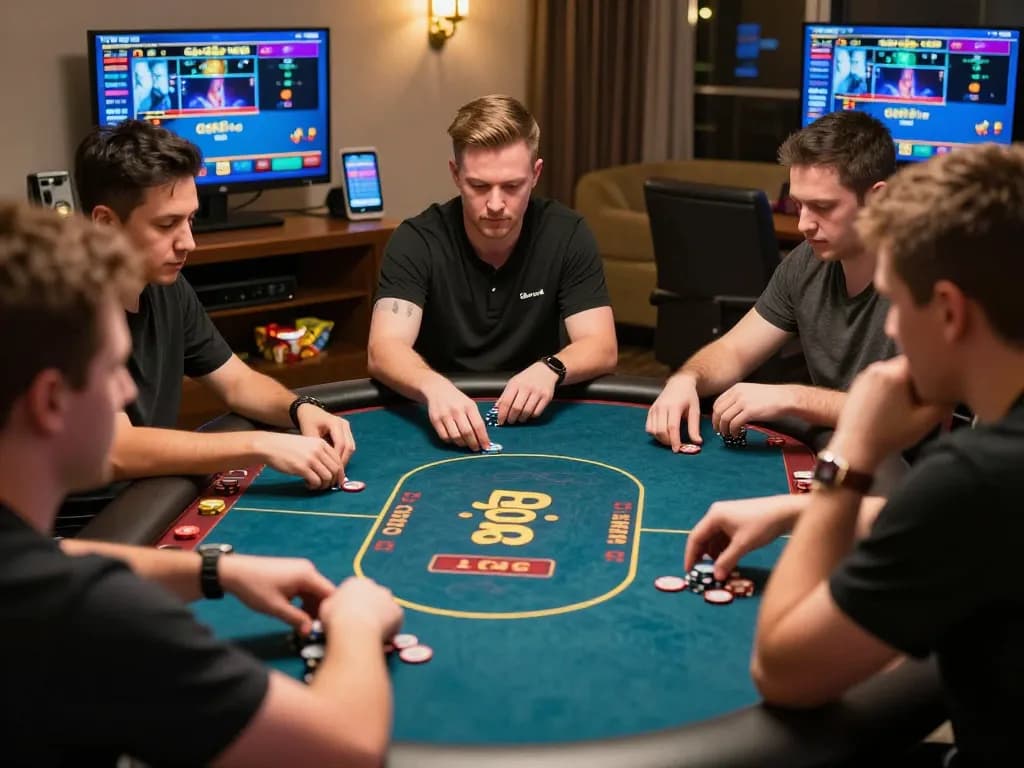 Players enjoying live online poker matches at gg88live, capturing excitement and strategic gameplay in a cozy home setting.