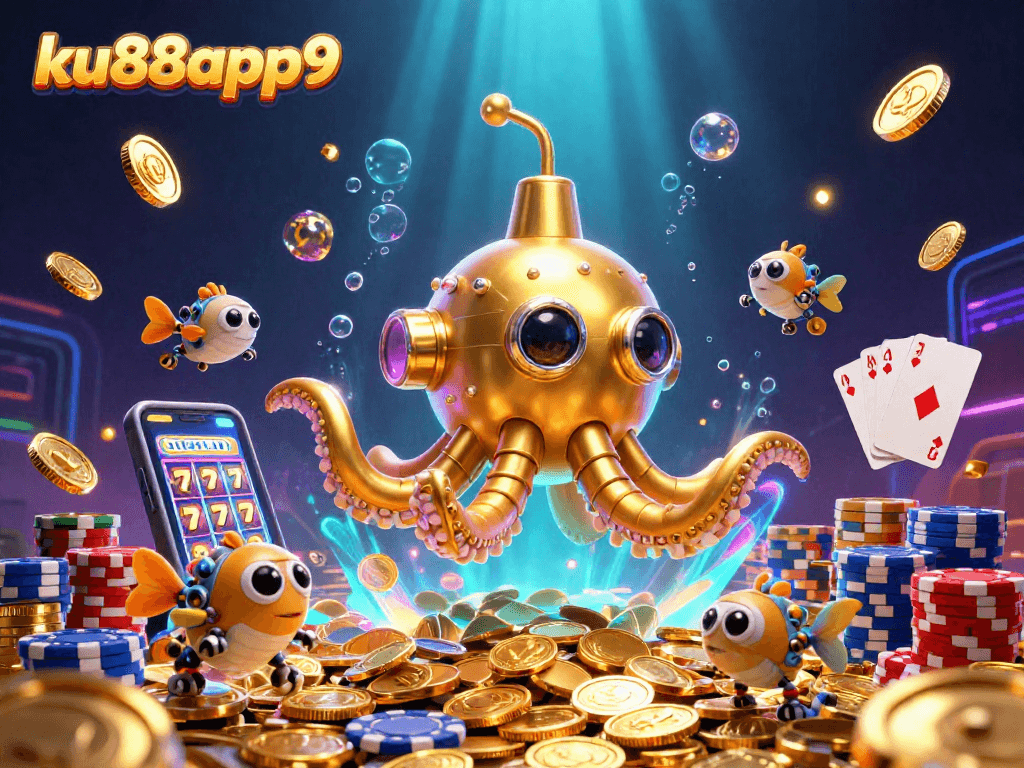 Experience the thrill of ku88app9 with a vibrant casino scene featuring a golden kraken and lively game elements.