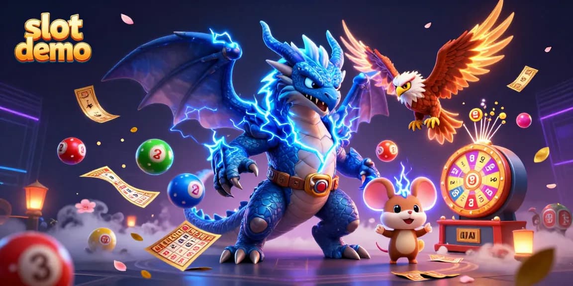Putaran slot demo yang menghibur dengan karakter fantastis dan bola lotere berwarna cerah.