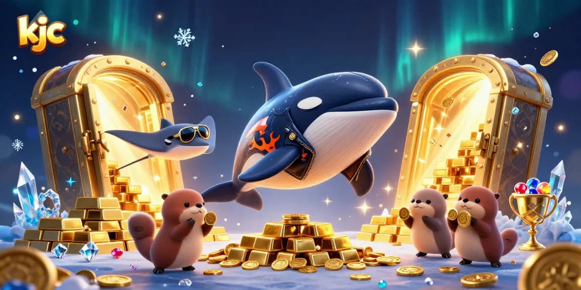 KJC showcases an exciting gambling scene with a cartoon orca and sea otters, celebrating wins in a vibrant casino.