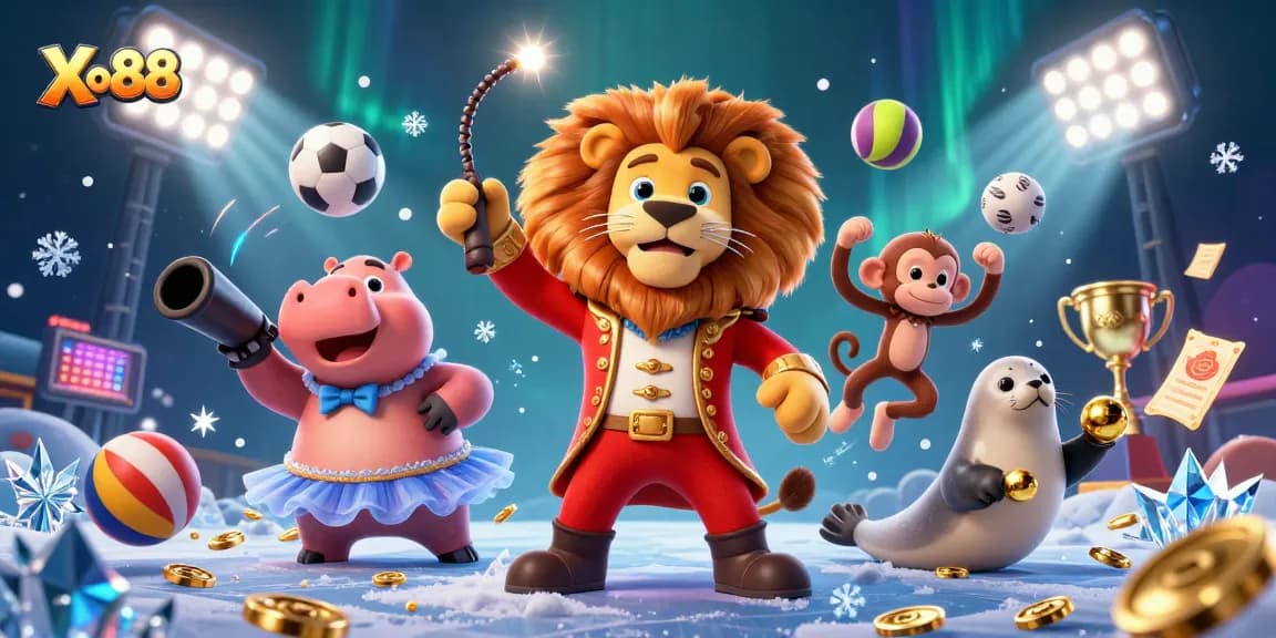 Experience thrilling Xo88 gameplay with dynamic circus characters and vibrant sports elements.