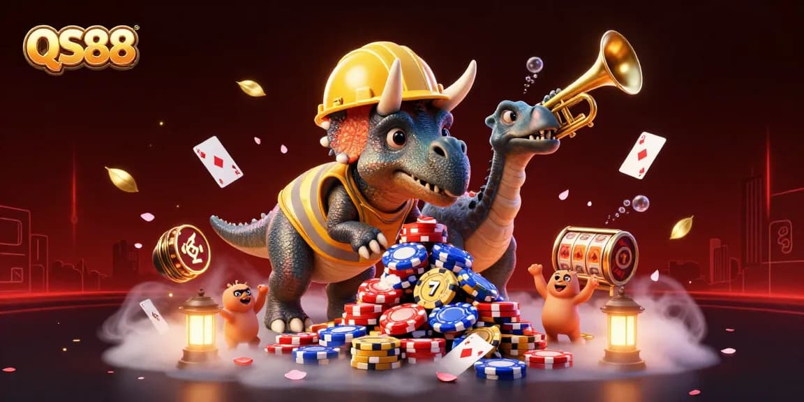 QS88 casino adventure with triceratops crafting poker chip pyramid amid floating cards and slot reels.
