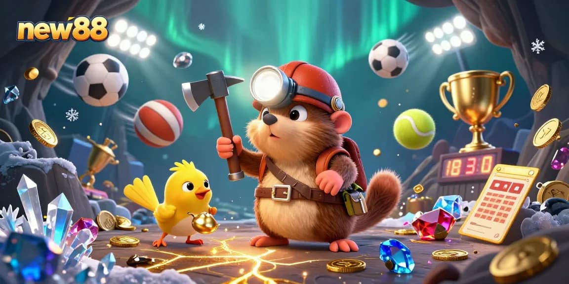 Engage with the thrilling world of new88, where a treasure hunter mole and canary celebrate winnings amidst a vibrant casino scene.