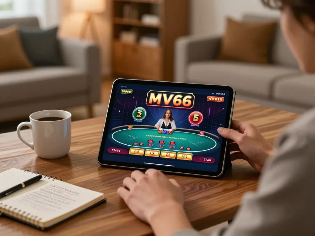 Player enjoying MV66 online casino games on tablet with strategic notes nearby