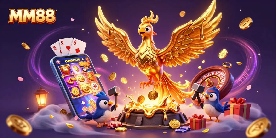 MM88 captivates players with a vibrant 3D illustration showcasing golden phoenix and casino games.
