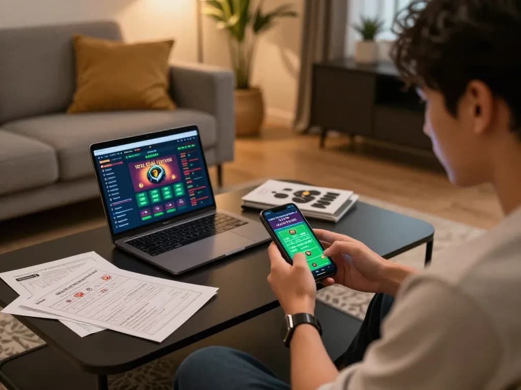 Engaged in đánh lô online on a smartphone, showing a strategic betting setup in a cozy home.