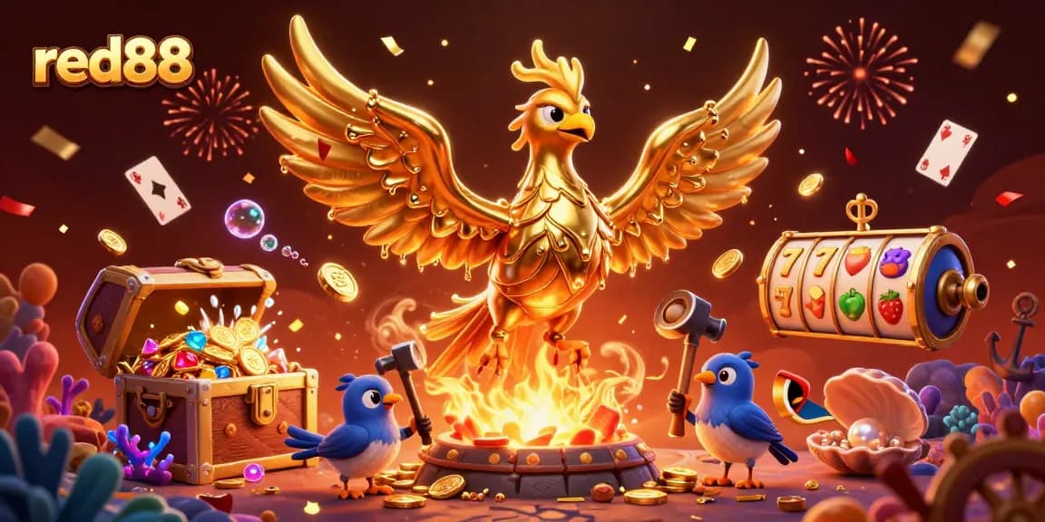 Experience excitement at red88 with a molten golden phoenix and casino treasures exploding.