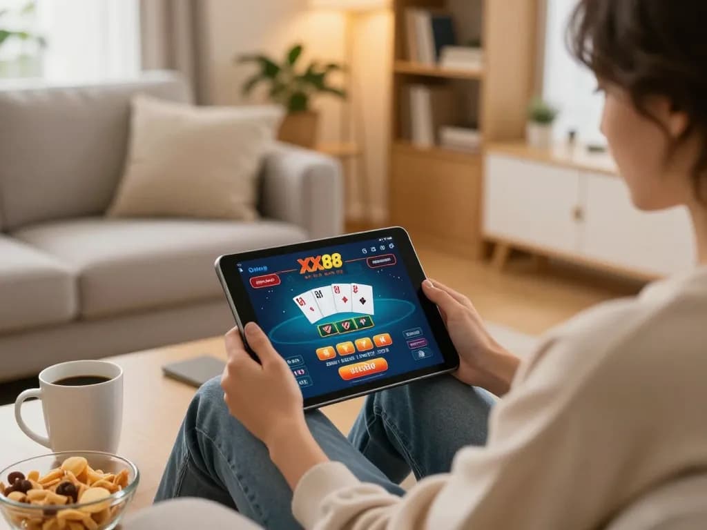 Player enjoying XX88 mobile casino gaming at home, showcasing interactive gameplay and cozy atmosphere