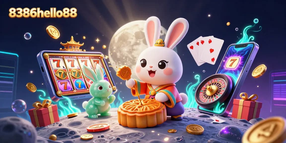Engage with 8386hello88 slots as the moon rabbit uncovers poker chips in this vibrant 3D illustration.