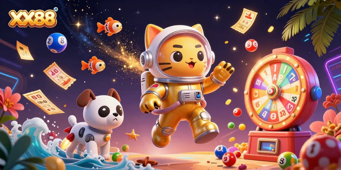 Experience exhilarating gameplay with XX88 in a colorful casino-themed 3D illustration.