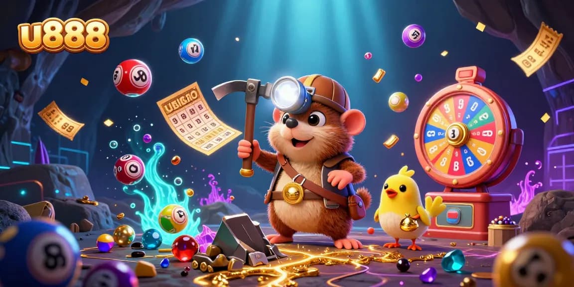Inject excitement into your gaming experience with u888, featuring a treasure hunter mole, lottery elements, and vibrant casino visuals.