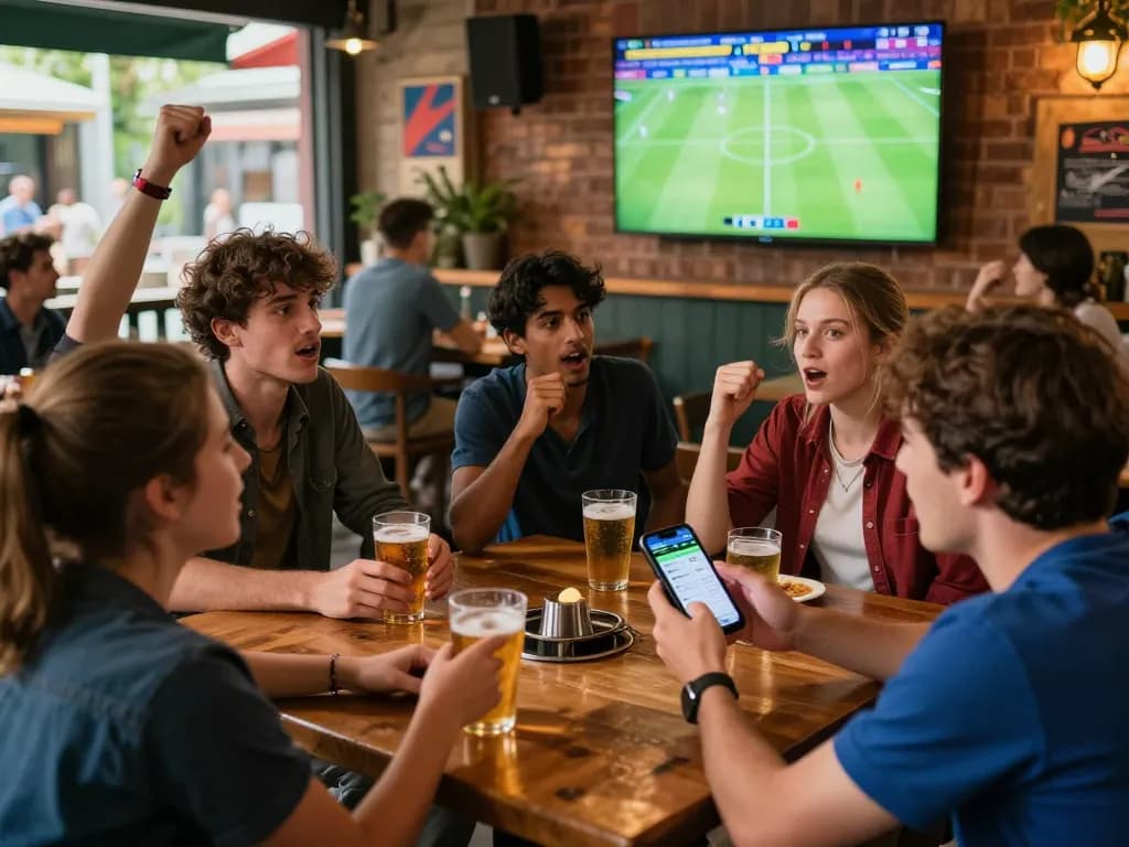 Tỷ lệ kèo nhà cái featured as friends analyze odds during an intense live football match.