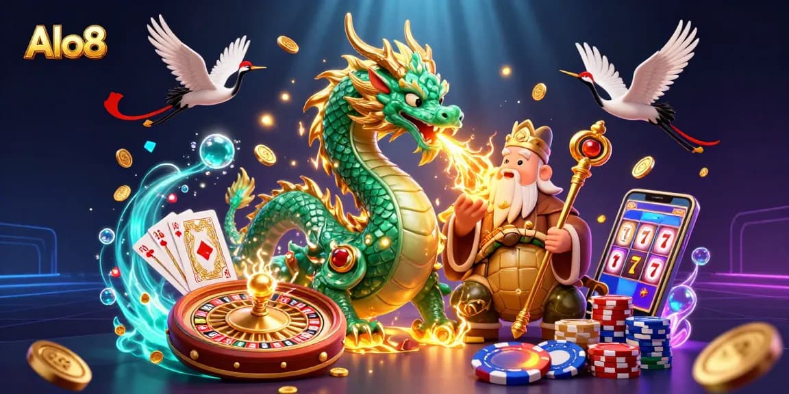 Experience thrilling gameplay at Alo8 with a vibrant 3D casino illustration featuring a dragon, turtle sage, and lucky cranes.
