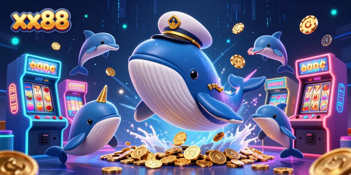 Experience thrilling gaming adventures with xx88, featuring a whimsical whale and playful dolphins in a vibrant casino setting.