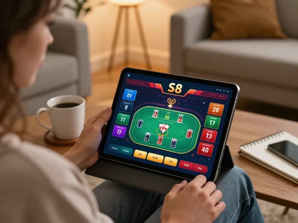 S8 online casino gaming scene with a player focused on poker strategy on a tablet in a cozy home