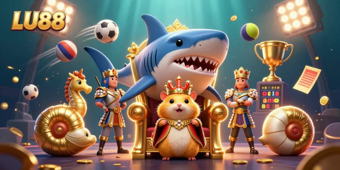 Engage in thrilling gameplay at LU88, featuring vibrant casino elements with a unique golden hamster king.
