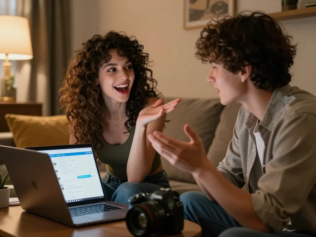 Engaging NSFW chat between a user and AI persona, showcasing playful interaction in a cozy setting.