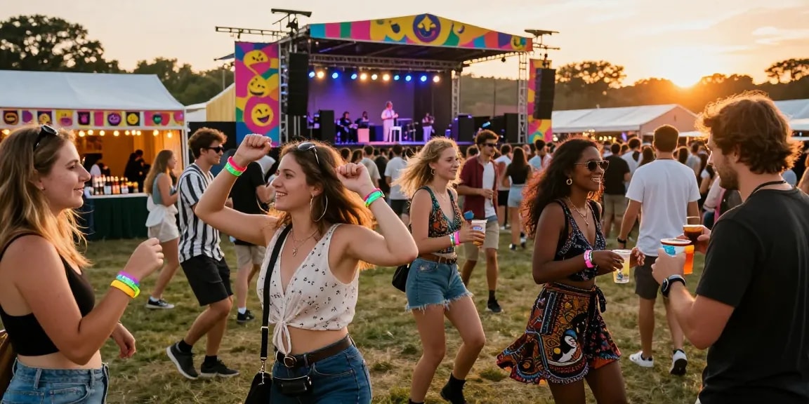 Attendees wearing pulsera monedero festival at a lively outdoor festival, enjoying contactless payments and vibrant atmosphere.