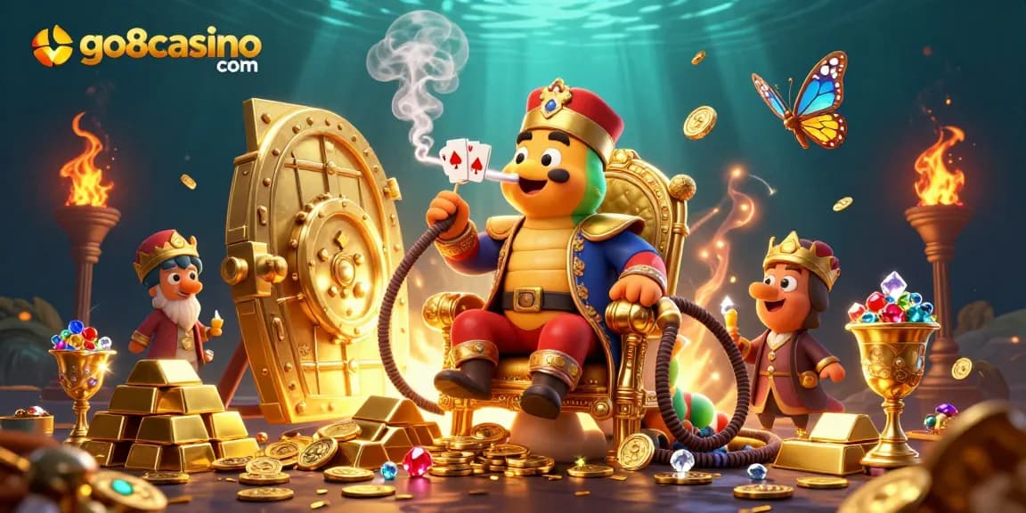 Engage in thrilling gameplay at go8casino com with a vibrant 3D casino illustration showcasing excitement and treasure.