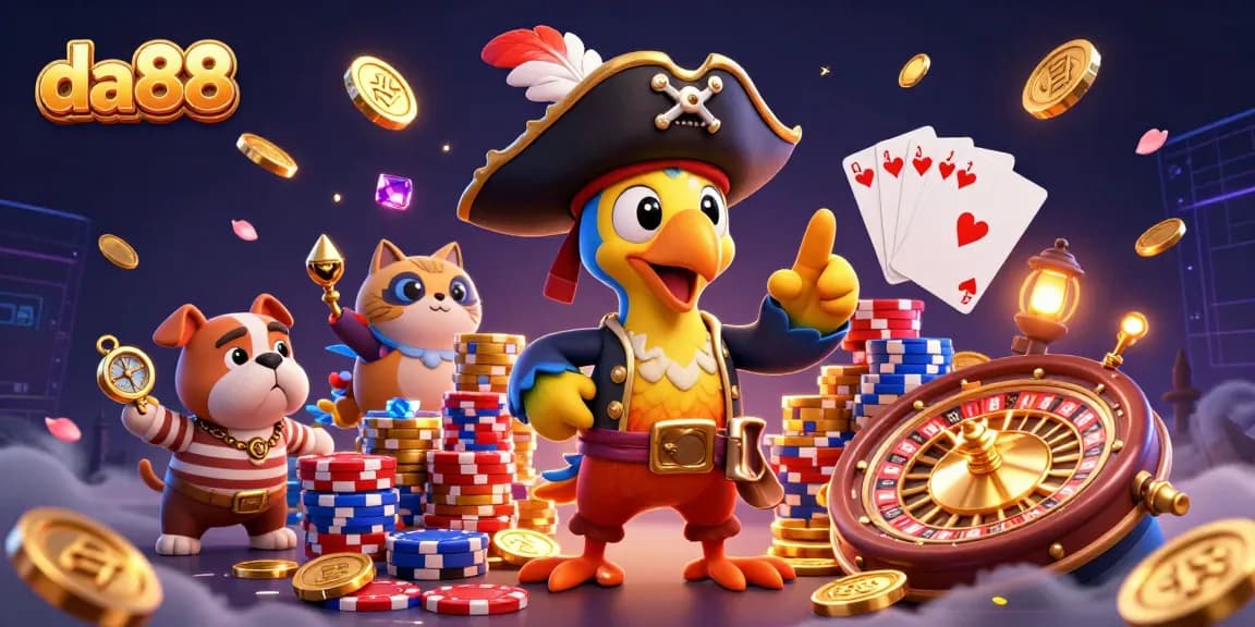 Engage in thrilling gameplay at da88 with a vibrant 3D casino scene featuring a pirate captain and his crew