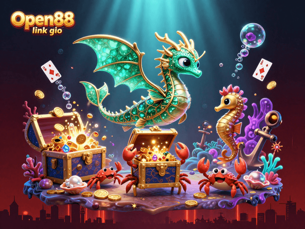 Experience the excitement of gambling at Open88 link vào with vibrant illustrations of thrilling 3D characters and treasure.