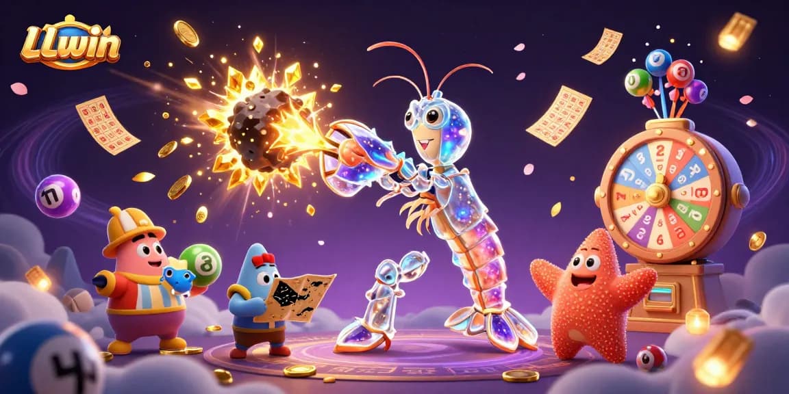 LLwin creates winning moments with vibrant lottery balls and golden prizes in a dynamic casino scene.