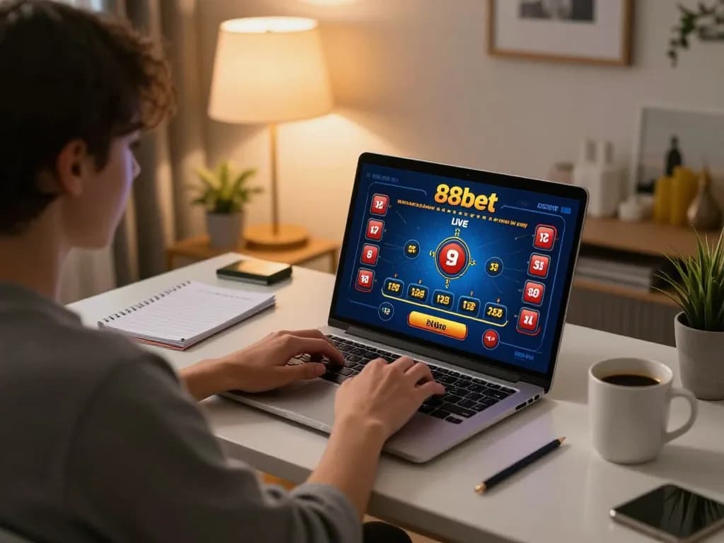 Engaging online player immersing in 88bet games on a laptop in a cozy home environment