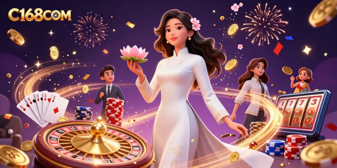 C168COM showcases thrilling casino vibes with elegant characters amidst vibrant gaming elements