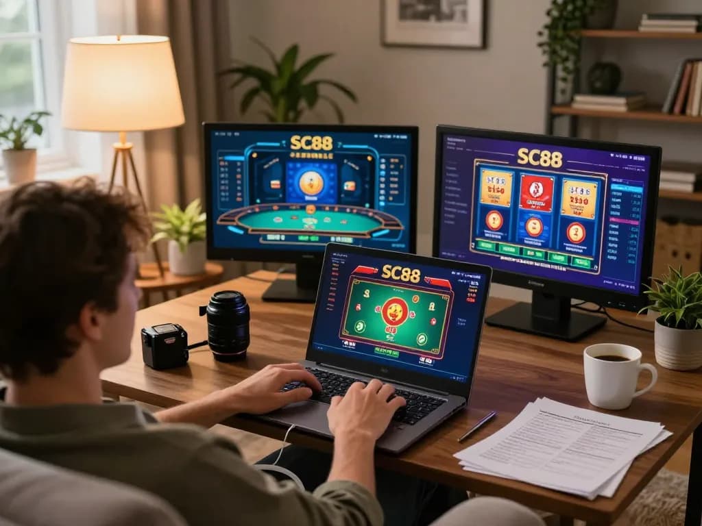 Engaging in SC88 online gambling from home with a laptop, showcasing a cozy gaming scene.