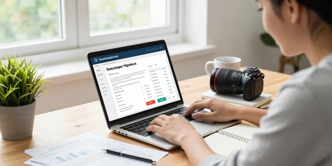 Using simulador hipoteca to evaluate mortgage options in a bright home office.